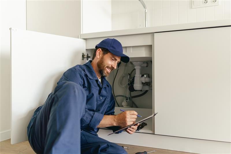 Residential plumber reviewing plumbing repairs in a Fleming Island kitchen